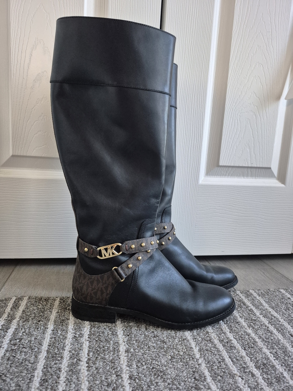 Michael Kors Black Leather Knee-High Boots with Signature MK Strap
